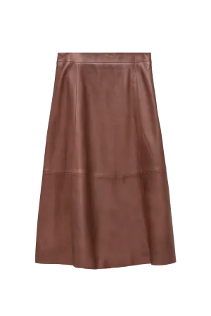 Tan Leather A-Line Midi Skirt