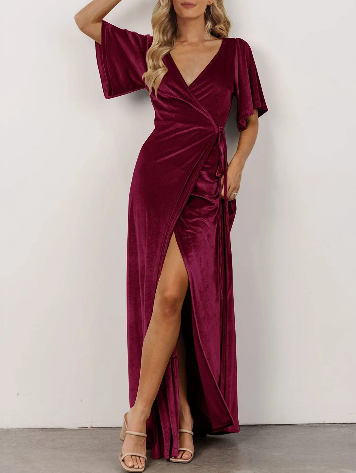 TastyHottie - Velvet V Neck Strappy Slit Dress