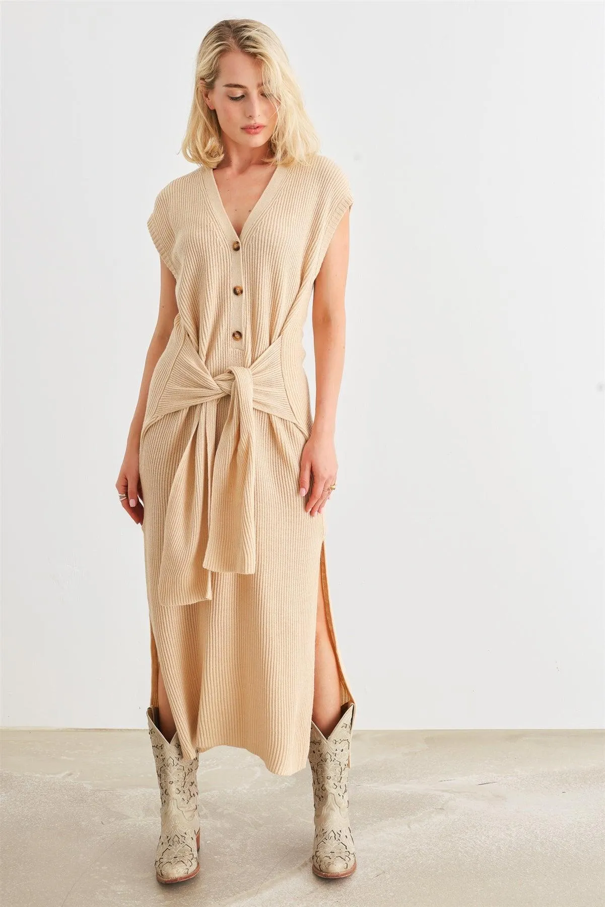 Taupe Knit Button-Up Sleeveless Belted Midi Sweater Dress /2-2-1