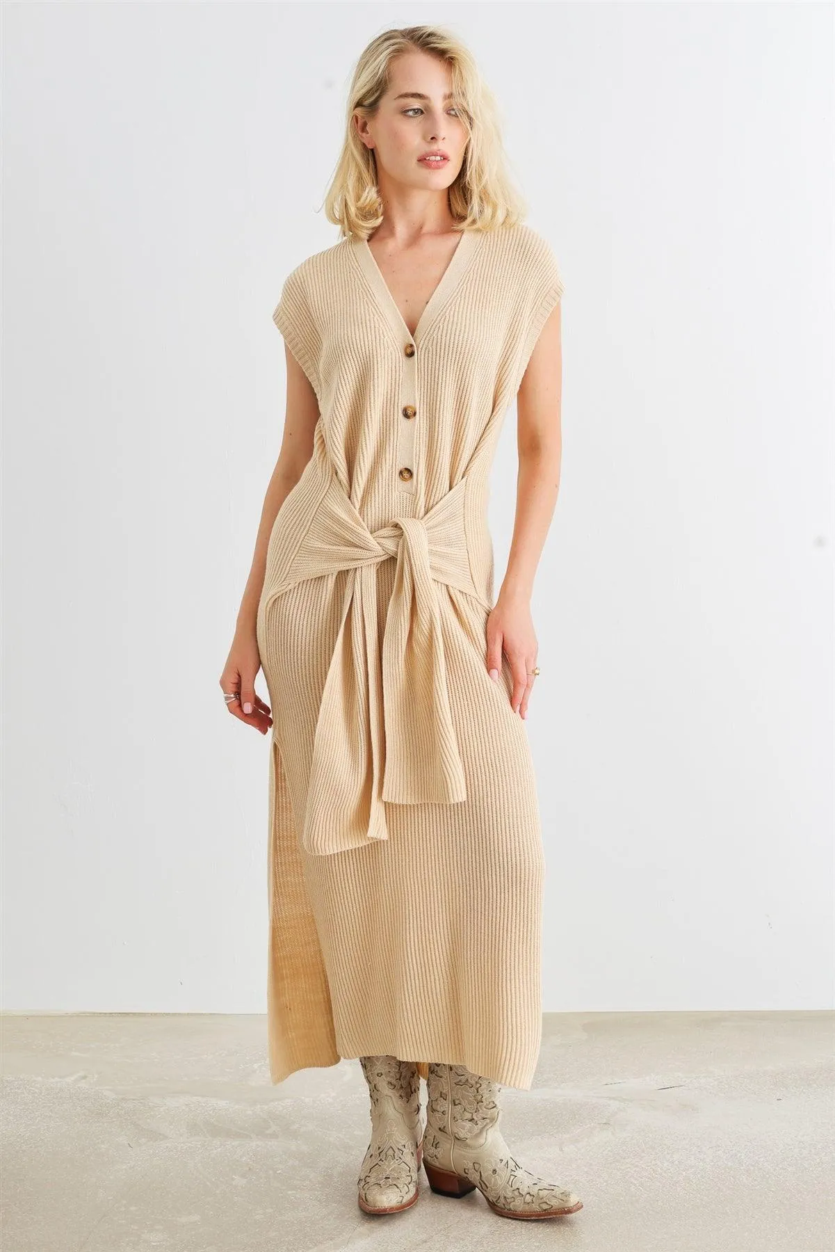 Taupe Knit Button-Up Sleeveless Belted Midi Sweater Dress /2-2-1