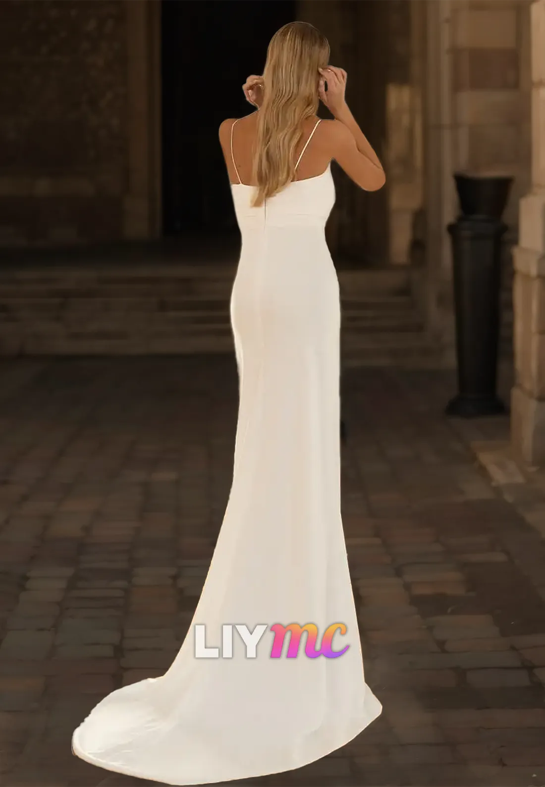 V-Neck Spaghetti Straps Side Slit Sleek Sheath Beach Wedding Dress