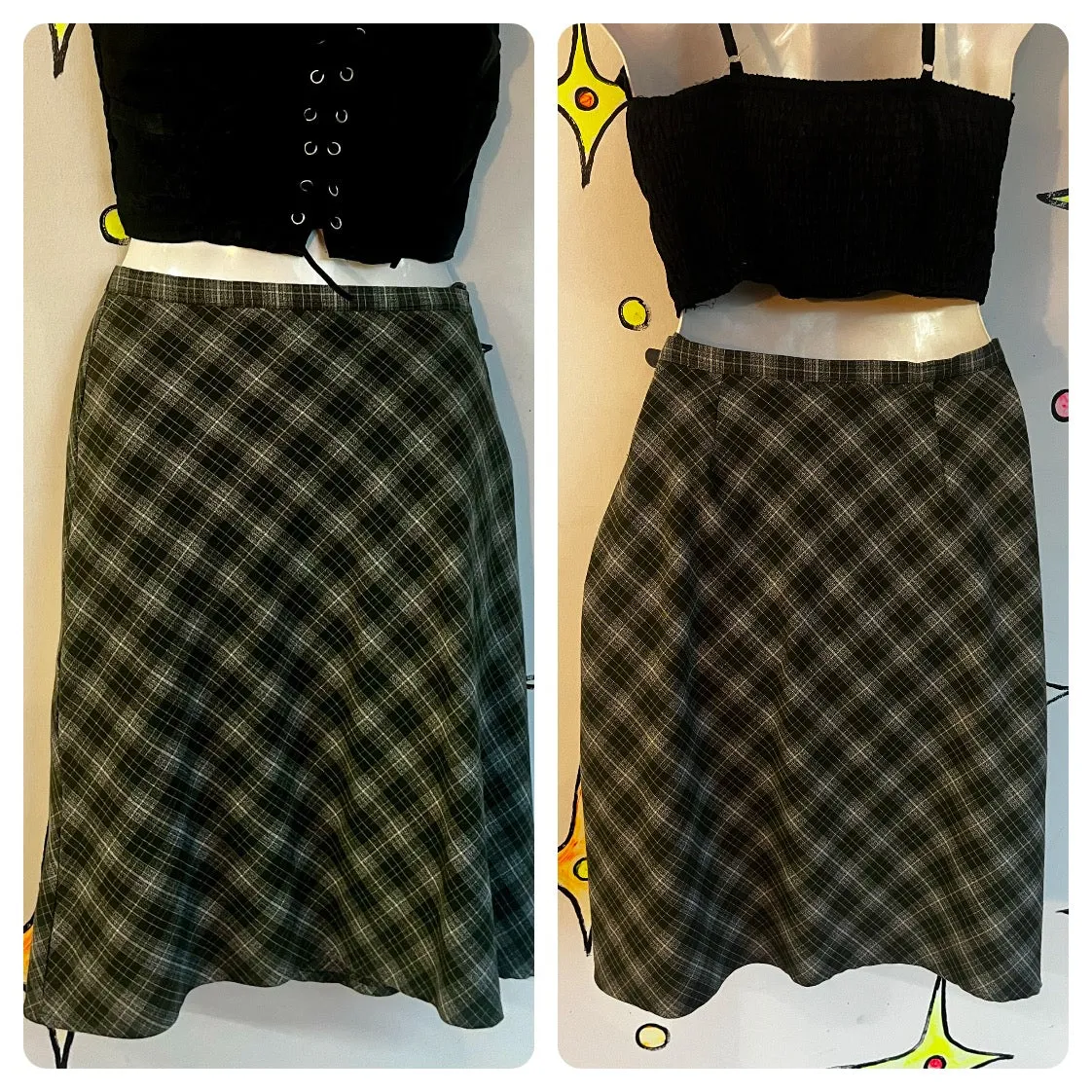 Vintage 90s Y2K | Green Plaid A Line Mini Skirt Fairy Grunge Emo | Size 10