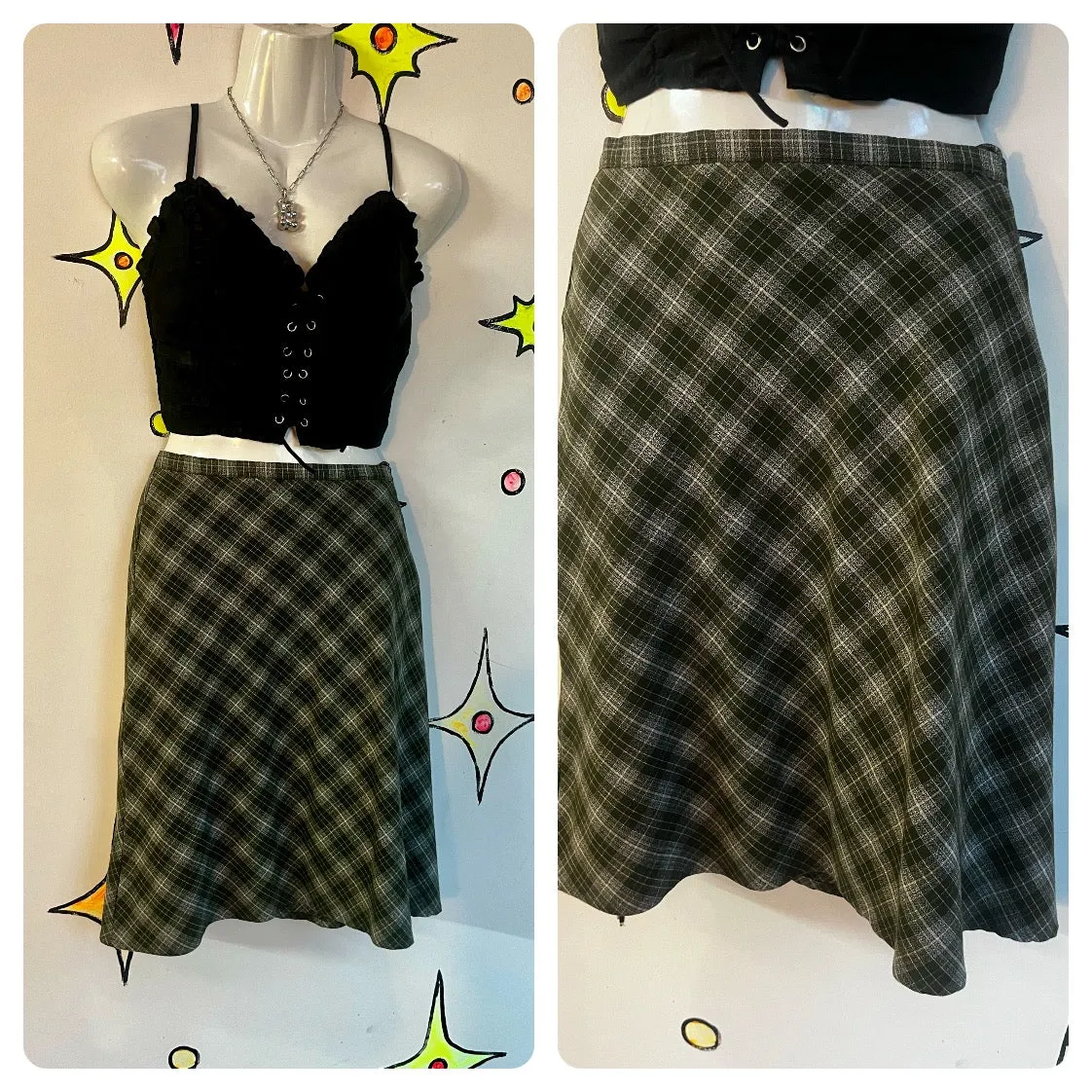 Vintage 90s Y2K | Green Plaid A Line Mini Skirt Fairy Grunge Emo | Size 10