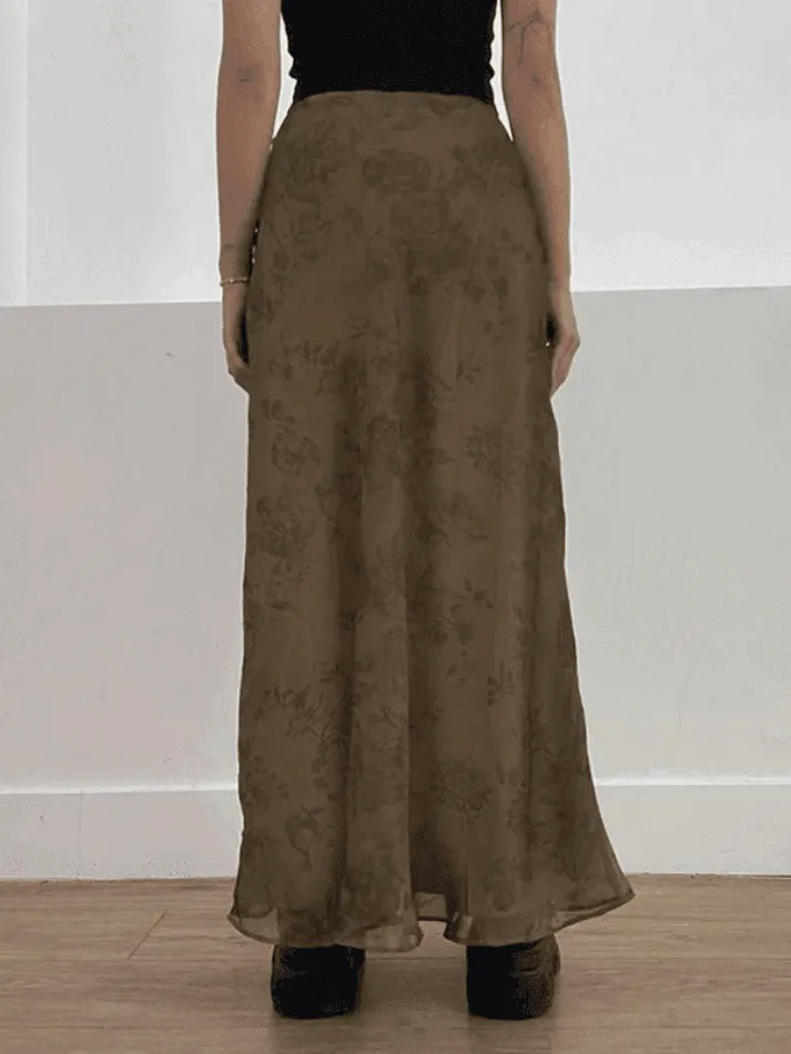 Vintage Mesh Floral Brown Maxi Skirt