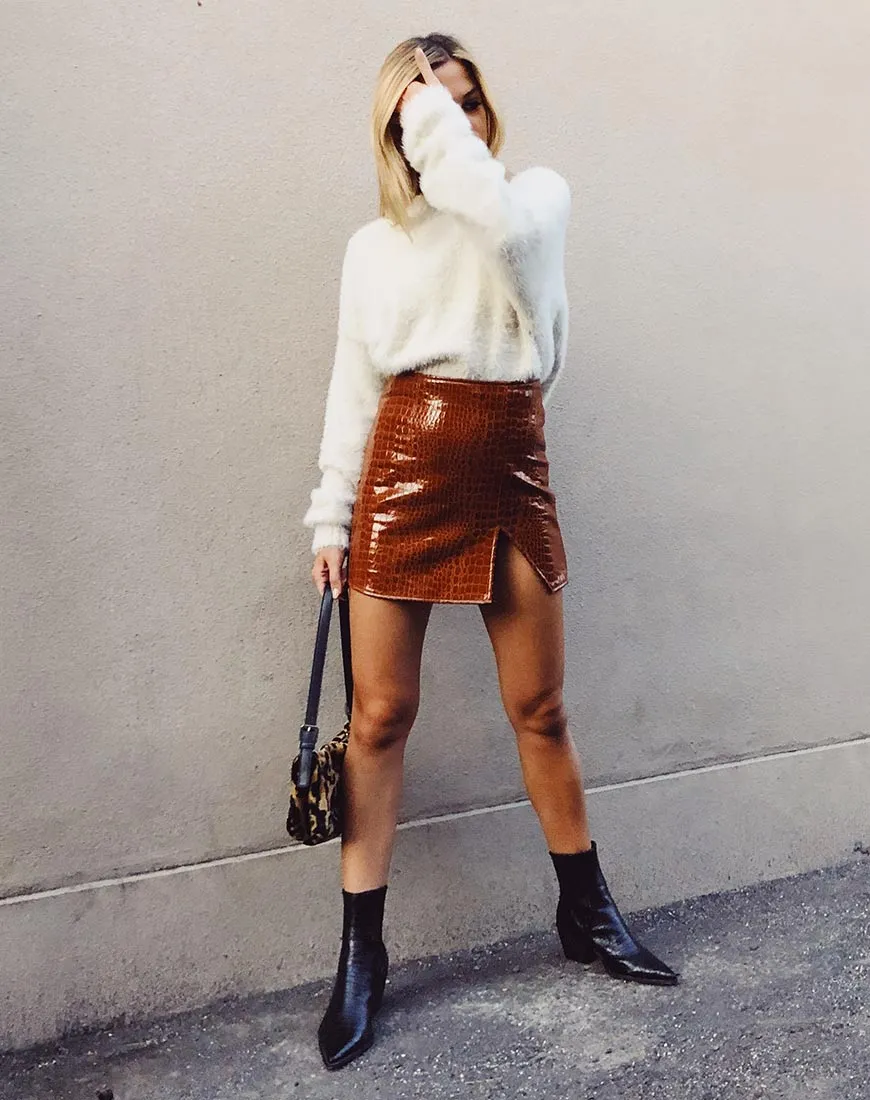 Wren Mini Skirt in PU Croco Brown